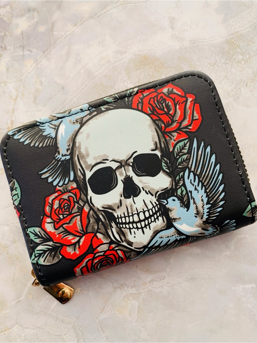 Skull & Roses Zip Wallet Card Carrier